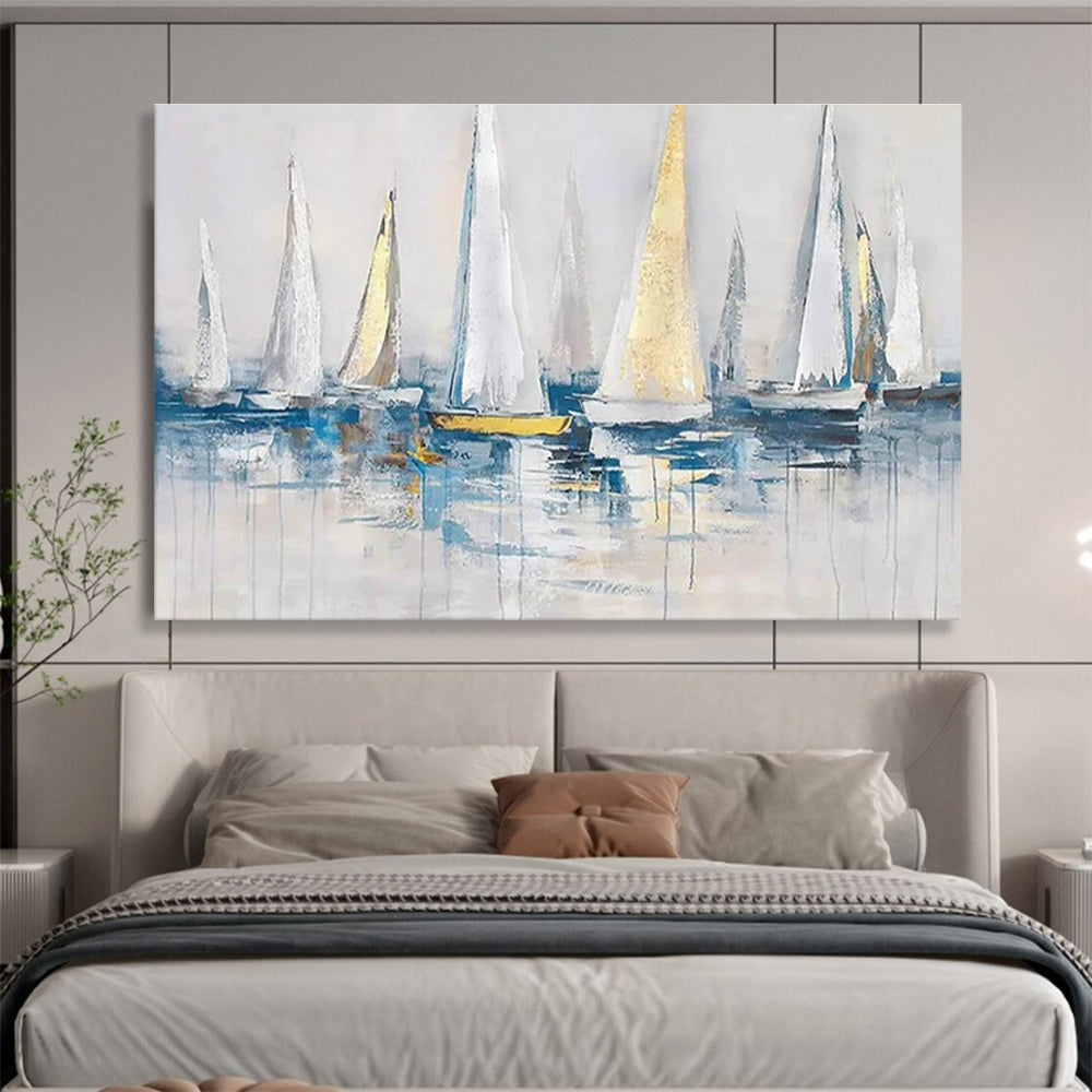 Sailboats on Water Abstract Painting with White, Gold, and Blue THY259
