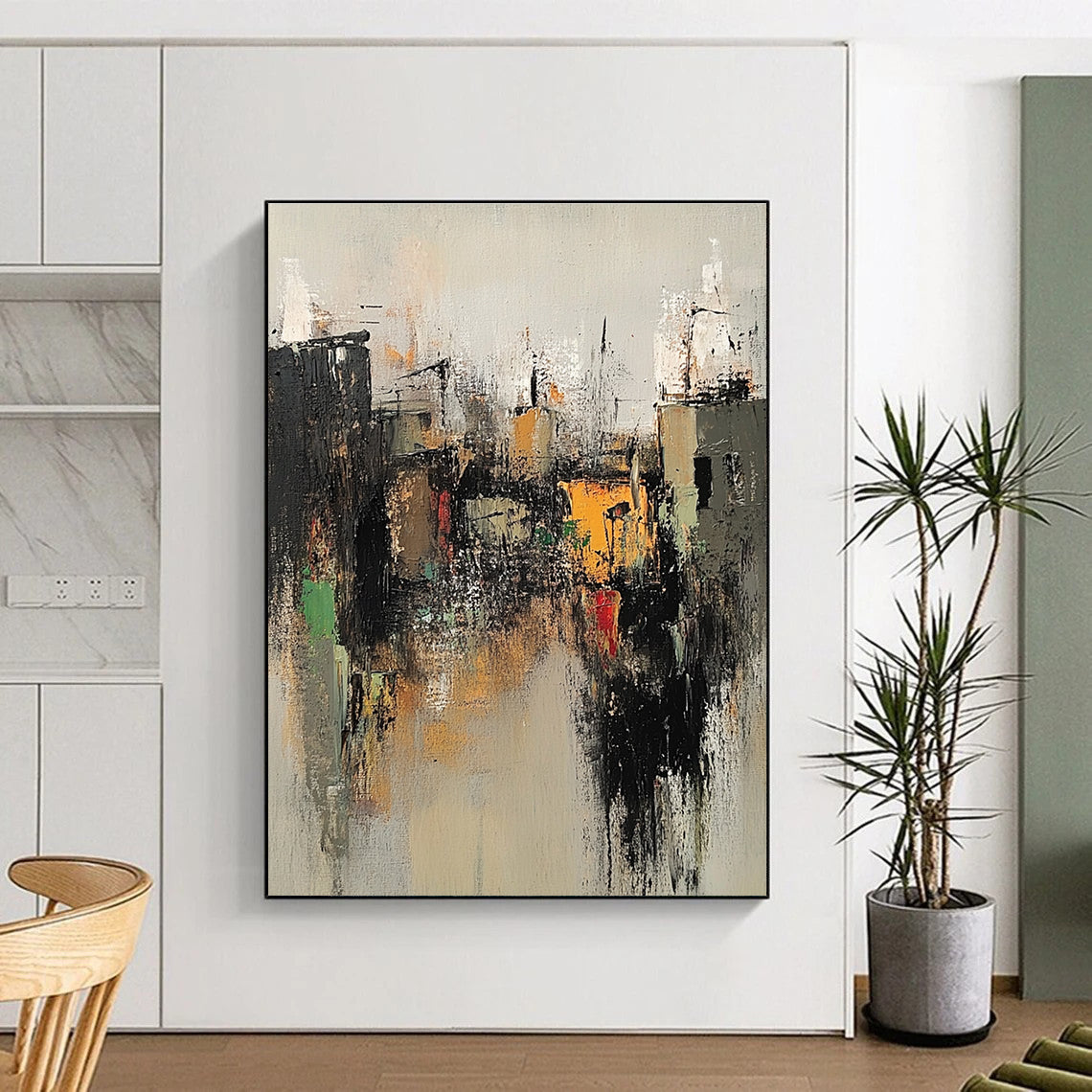 Large abstract painting of an old village with neutral tones dark gray light orange accents evoking nostalgia for vintage rural life.STSC660