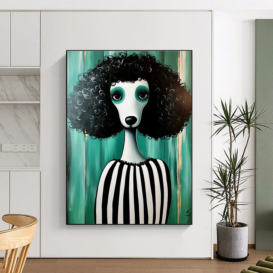 A large abstract painting featuring a full-bodied poodle with black fur and white stripes in an all-green striped dress amidst a whimsical backdrop.STSC1000