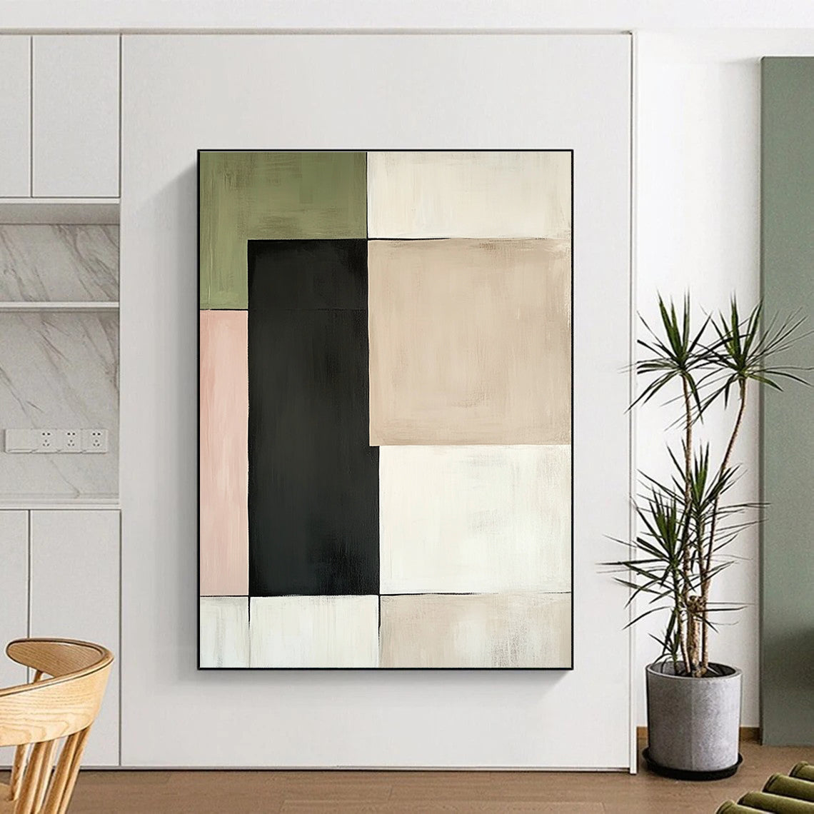 Large abstract painting featuring beige green and black squares with dark grey accents set against a white background with pale pink and light brown highlights.STSC764