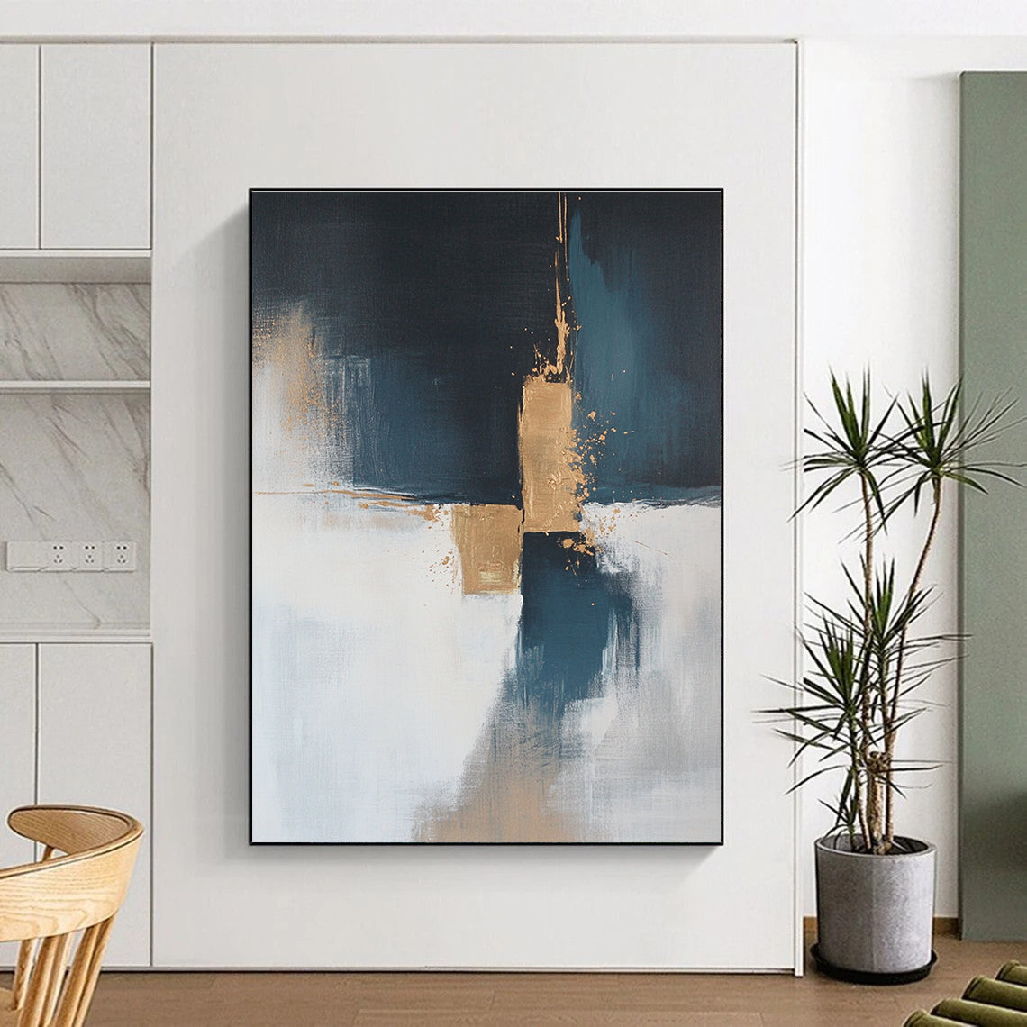 Blue and Gold Abstract Painting with Subtle Splashes GER554