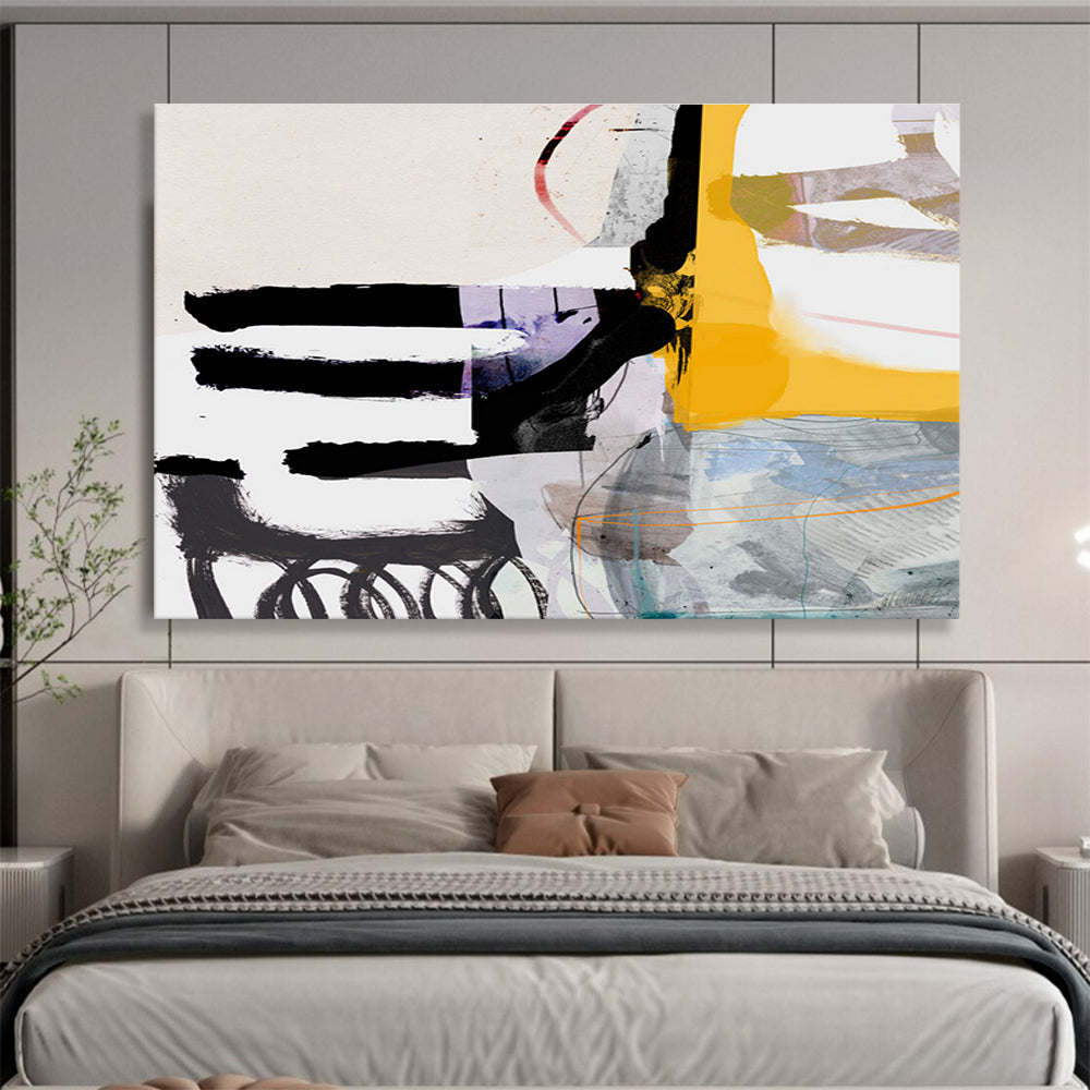 Colorful Mixed - Media Abstract Painting with Black Yellow and Purple THY112