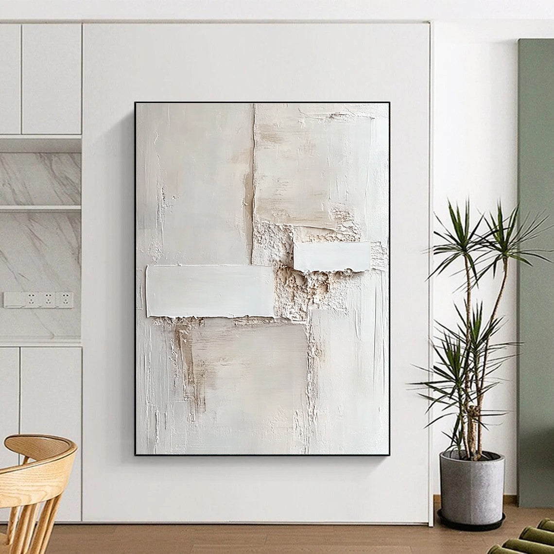 Abstract artwork featuring an off-white wall with a textured finish and subtle shades of white creating depth and visual intrigue.STSC1157