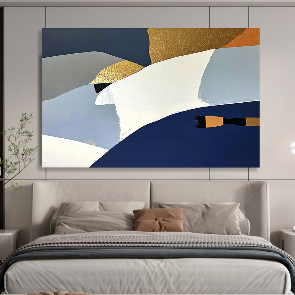 Large abstract painting featuring white blue and gold shapes against a dark gray backdrop with orange details and a soft yellow surface.SC444