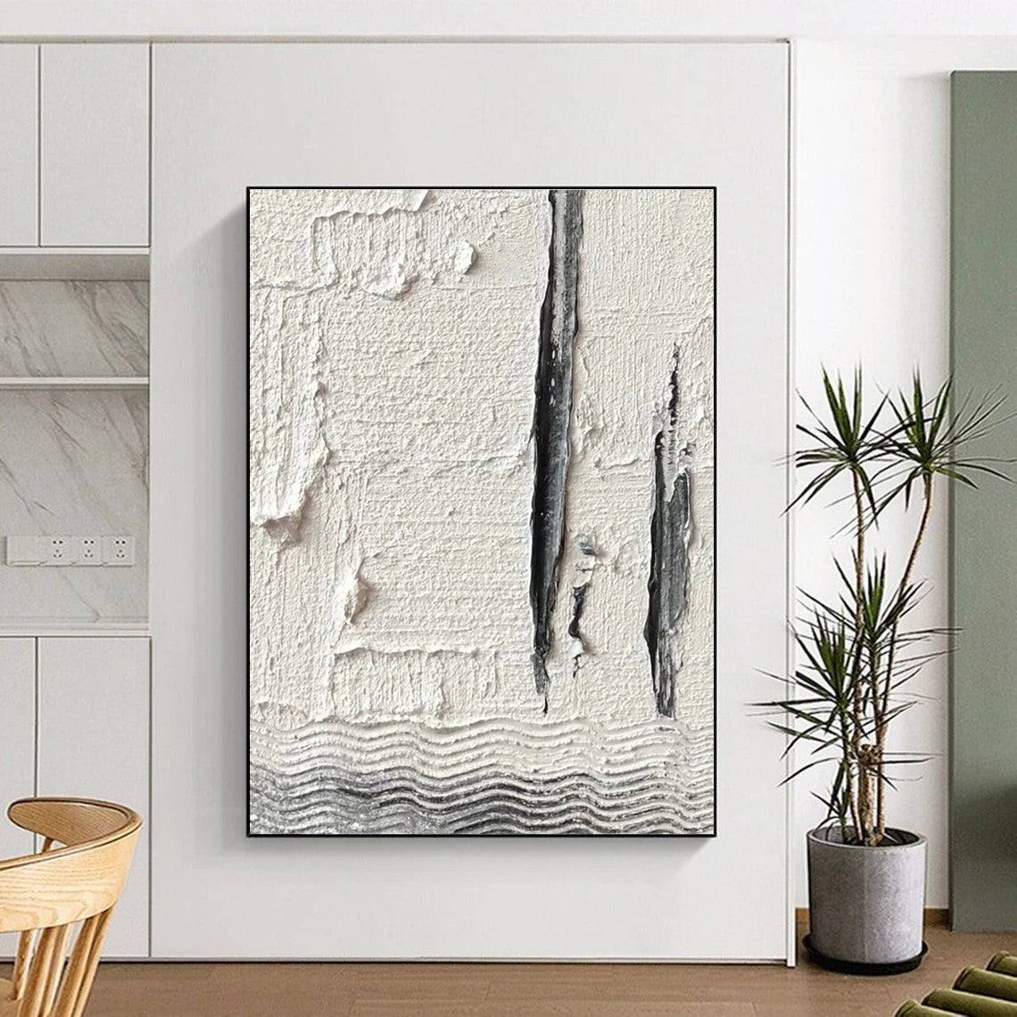 Textured White and Gray Abstract Painting with Vertical Elements ADGE371