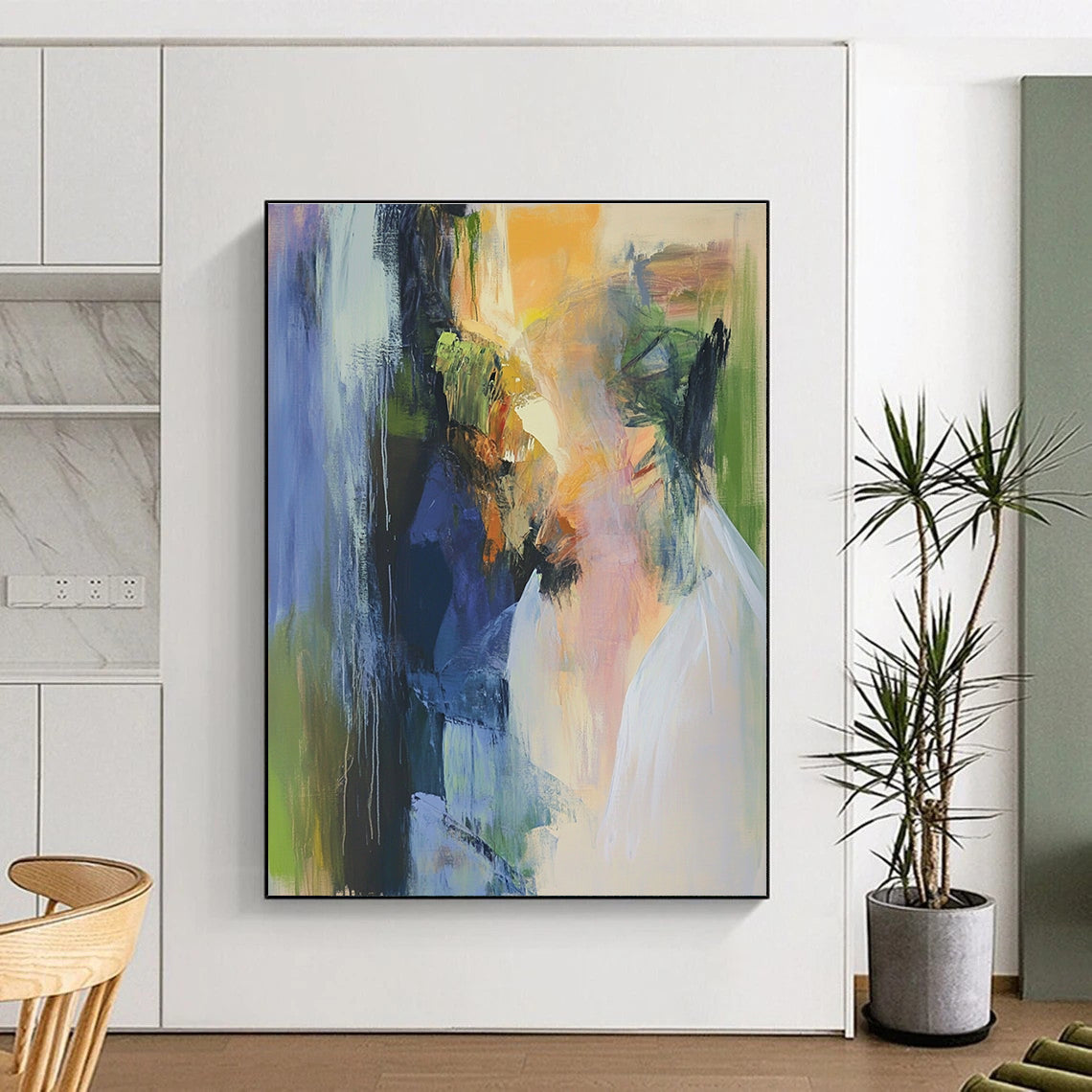 Abstract oil painting featuring faded beige grey and brown textures on a white background evoking nostalgia and mystery through subtle details in corners.STSC594
