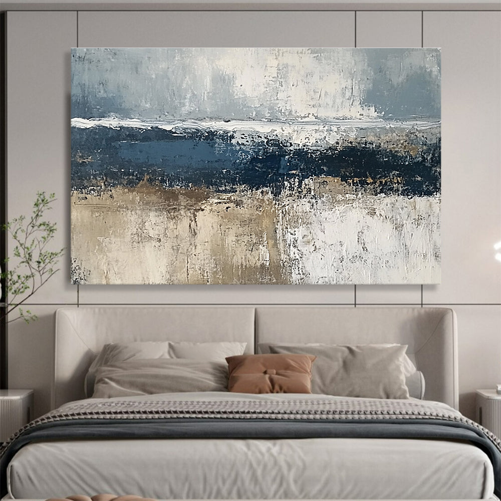Large abstract painting of the sea featuring gray and dark blue tones with brown accents and thick textured paint.SC203