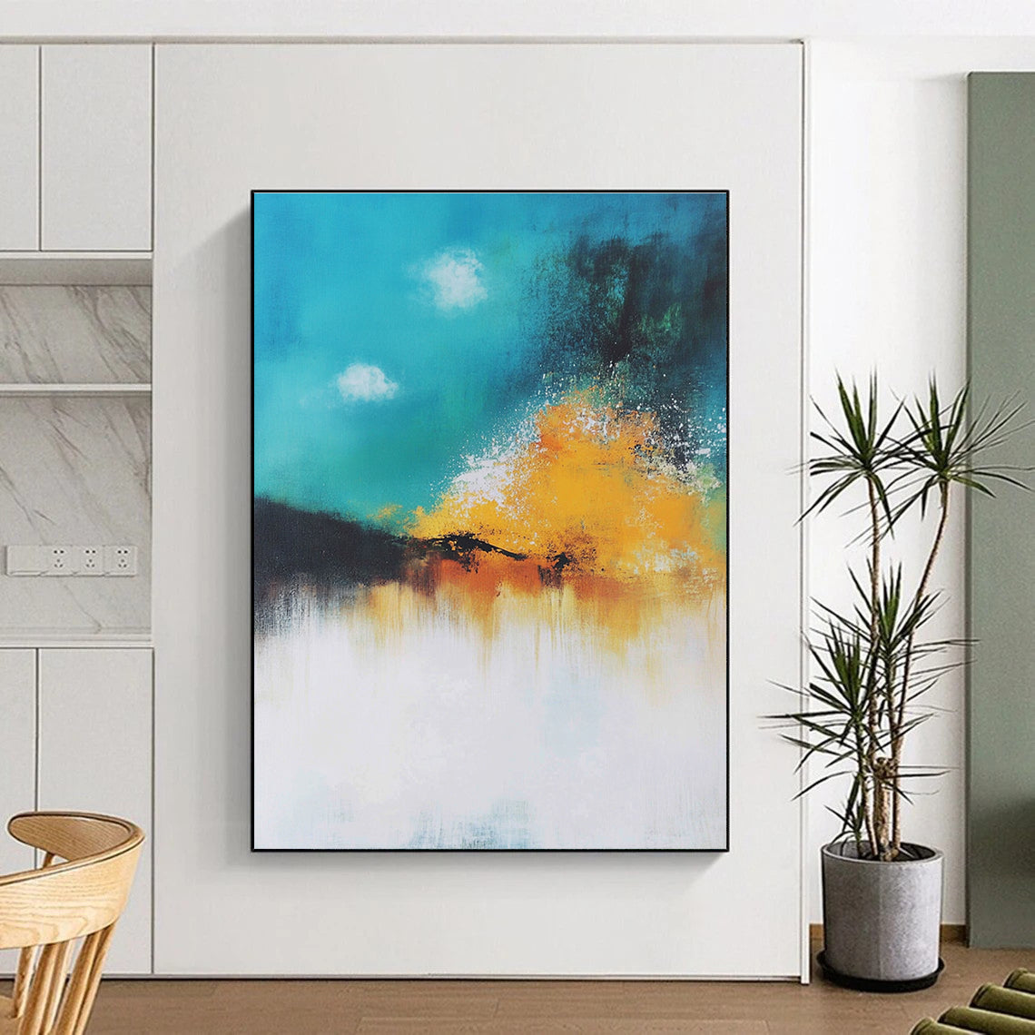 Large abstract painting of a serene explosion in pastel teal and yellow with soft smoke rising and a vintage hand-drawn feel.STSC643