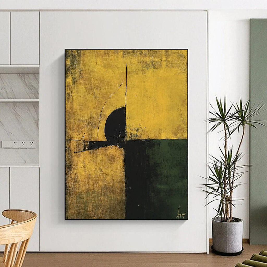 Large abstract painting in minimalist style featuring earthy yellow and green tones with black accents and simple line composition.STSC246