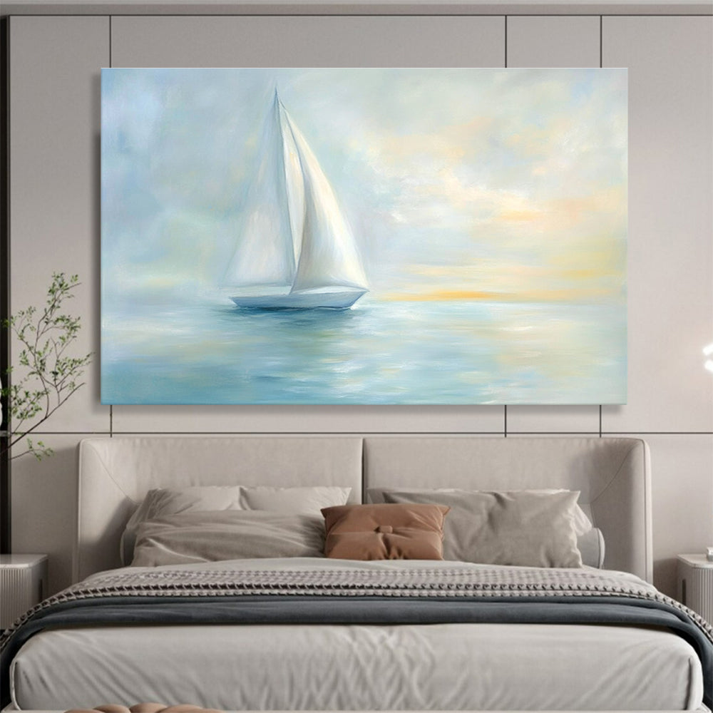 A large abstract painting of serene sea with elegant sailboat and soft pastel colors creating a tranquil Impressionist atmosphere.SC547