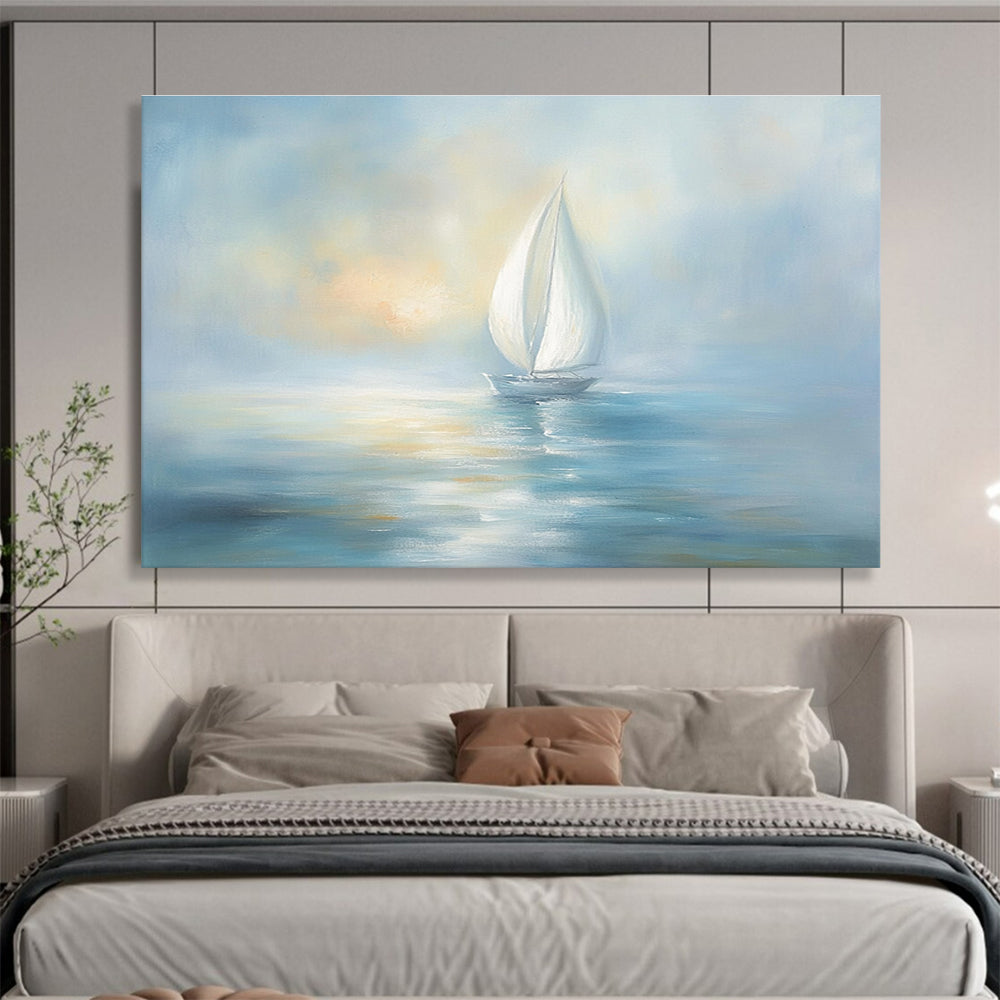 Light Blue Sailboat Abstract Painting with a Hazy Sky DYP138