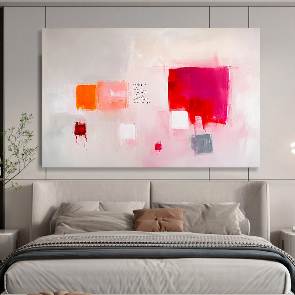Large abstract painting featuring light pink and red tones with gray soft edges and minimalist brush strokes on a white background.SC242