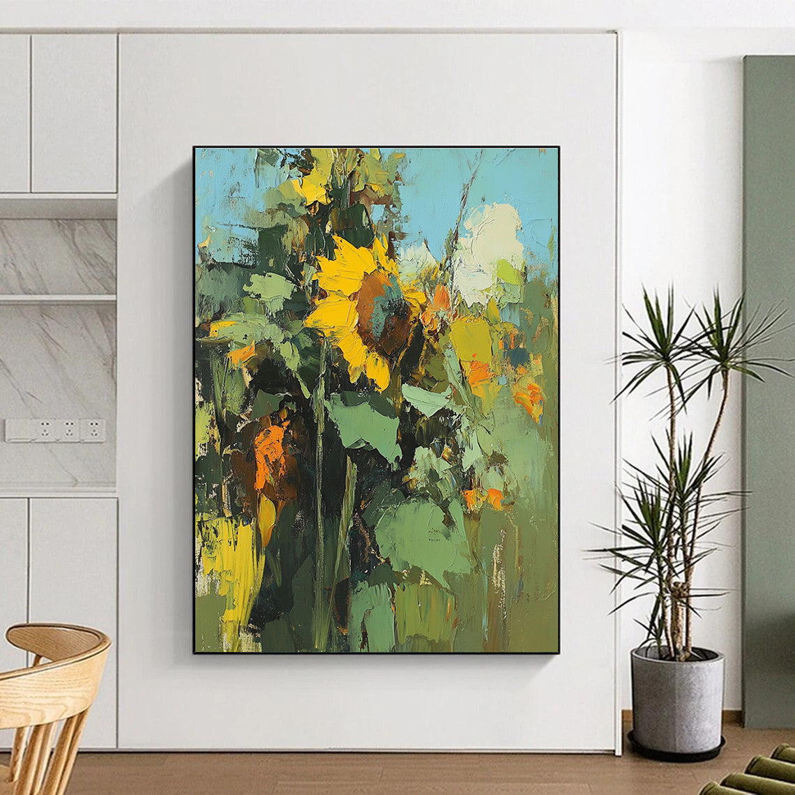 Large abstract painting of sunflowers featuring blurry details and rough brushstrokes in a colorful high resolution format.STSC335