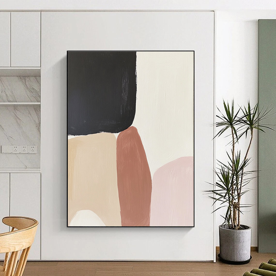 Large abstract painting inspired by Rothko featuring cream beige pink and black hues with earthy tones and organic shapes.STSC480