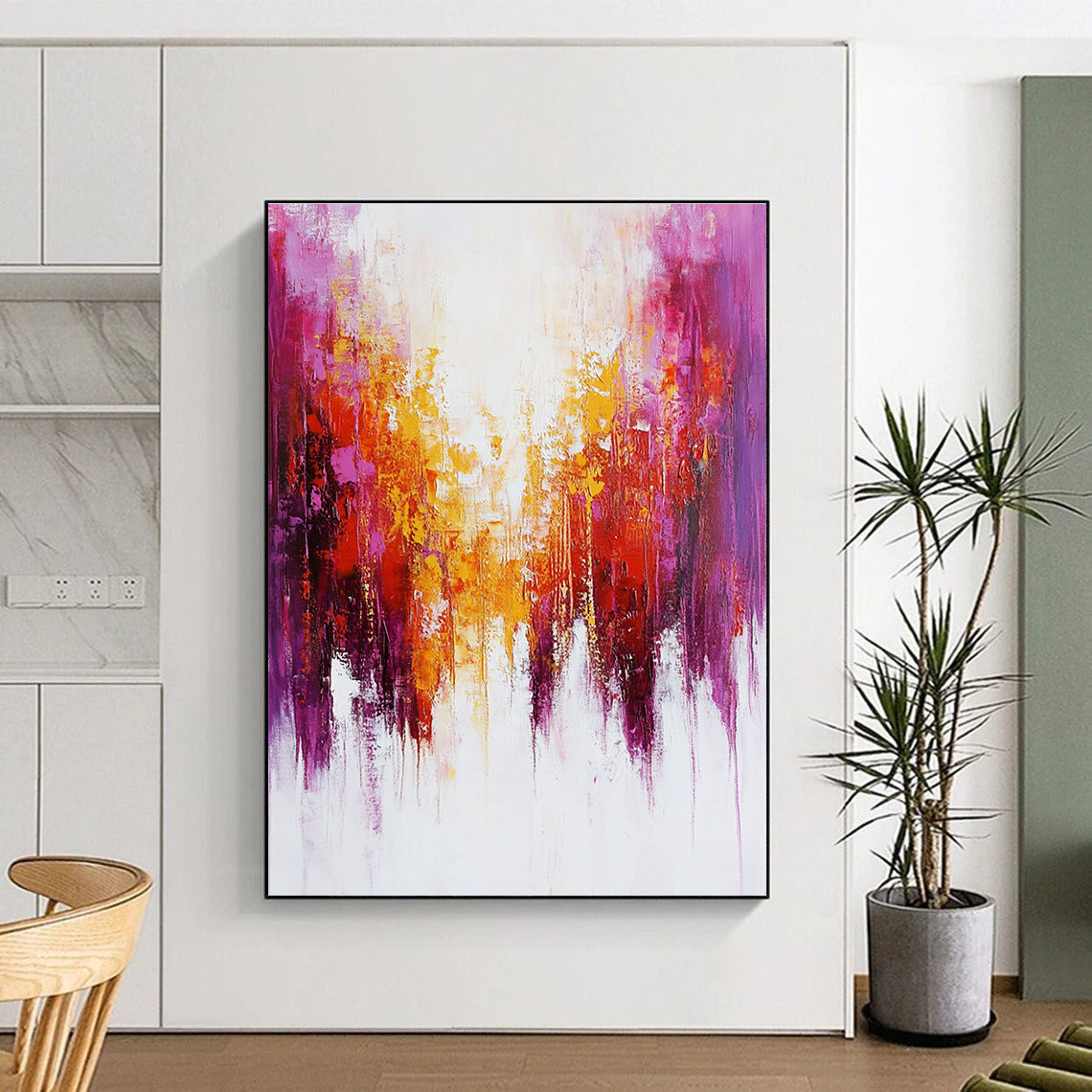 Large abstract painting featuring soft red and purple brushstrokes with hints of yellow and dripping paint on a white background.STSC416