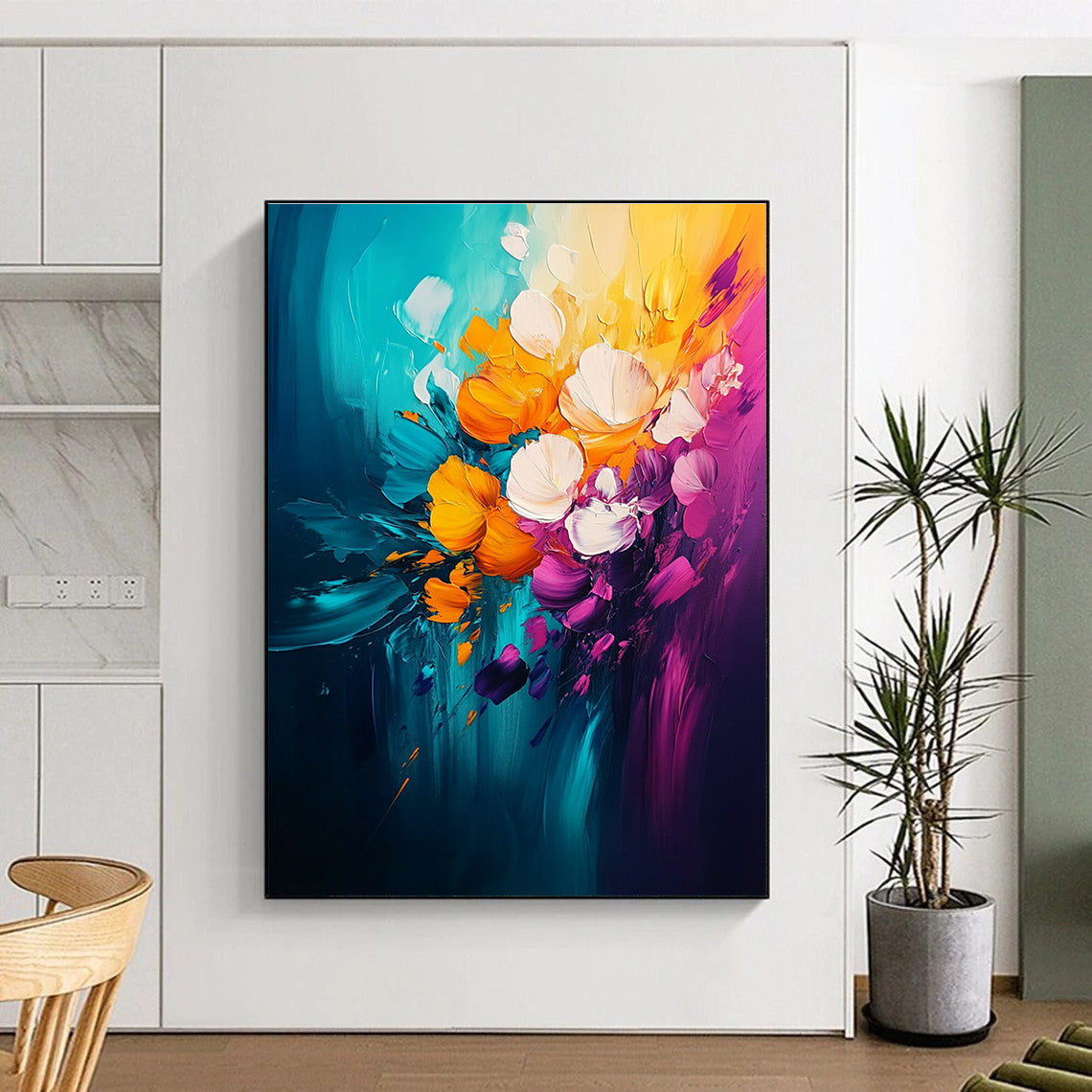 Large abstract painting featuring vibrant yellow teal orange pink purple and white florals on a dark background with dynamic brush strokes.STSC051