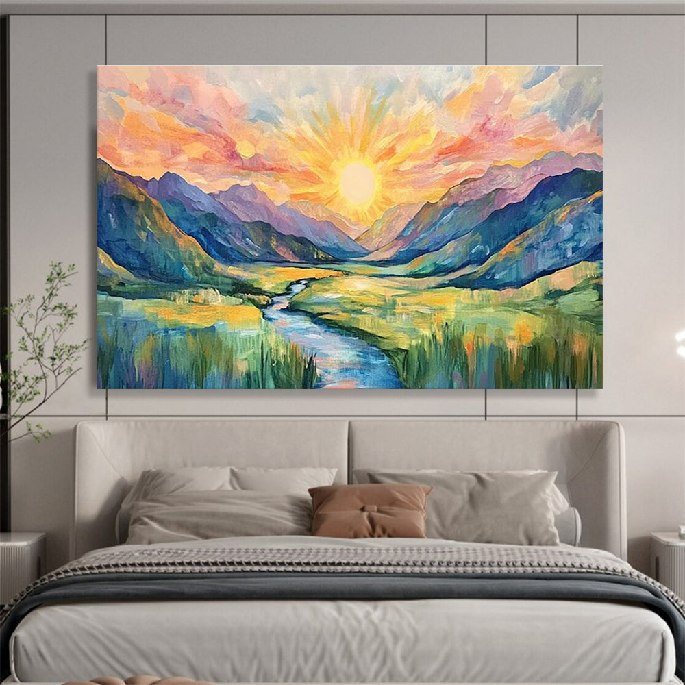 Sunburst Mountain Abstract Painting with Radiant, Expressive Colors THY416
