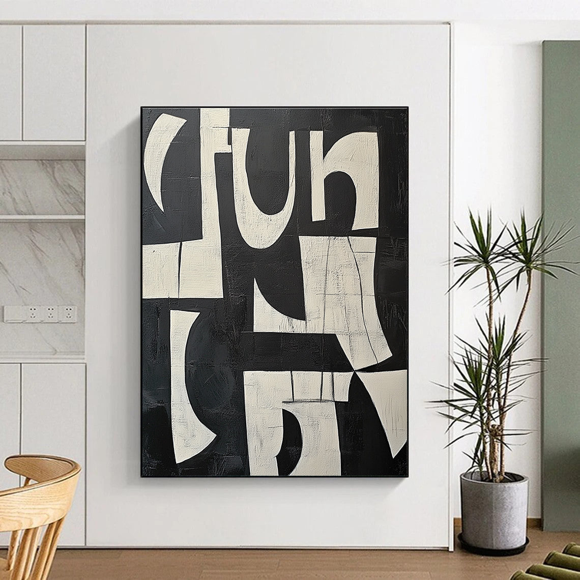 Textured Black and White Block Abstract with Layered Shapes GER239