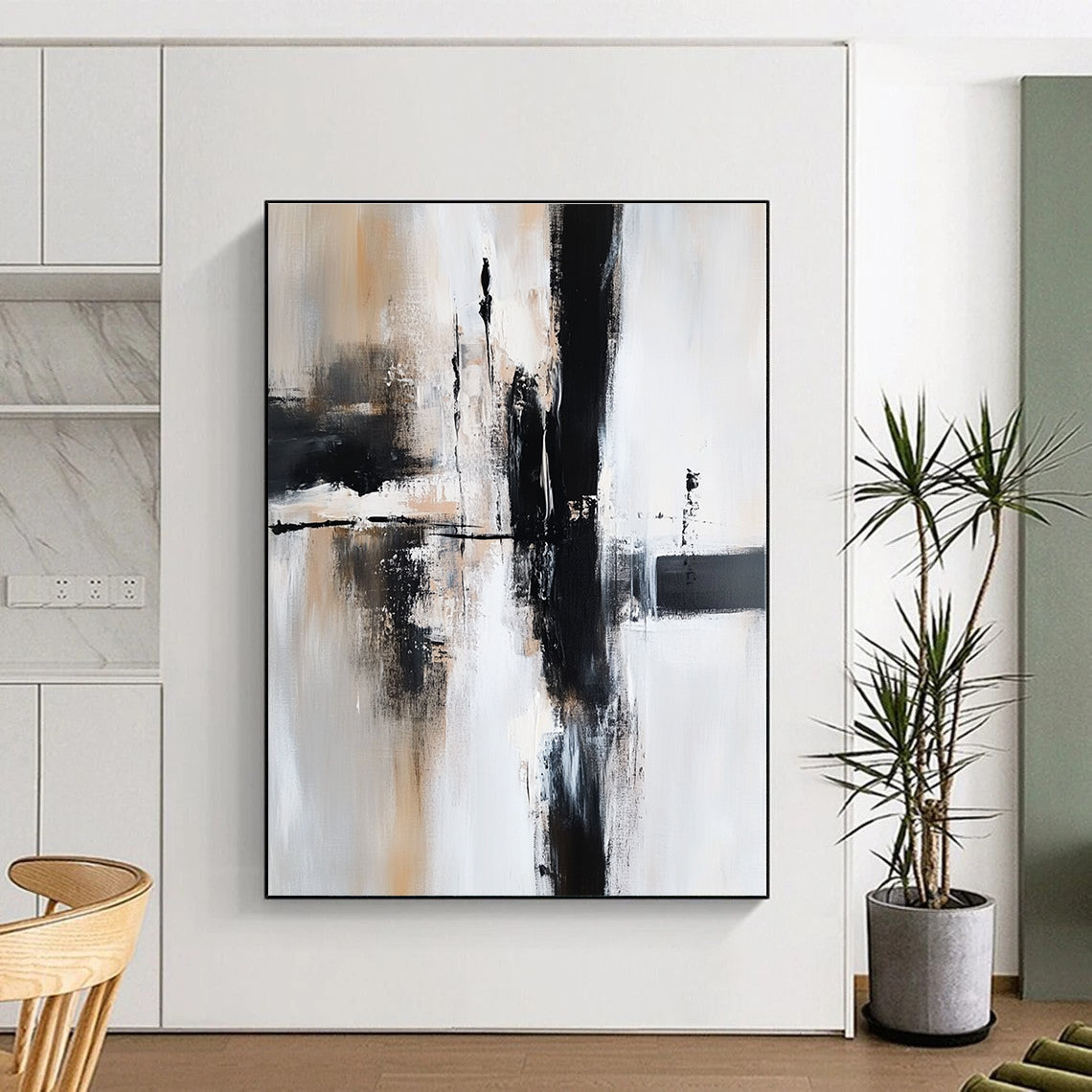 Black Beige and Gray Abstract Painting with Fluid Movements GER509