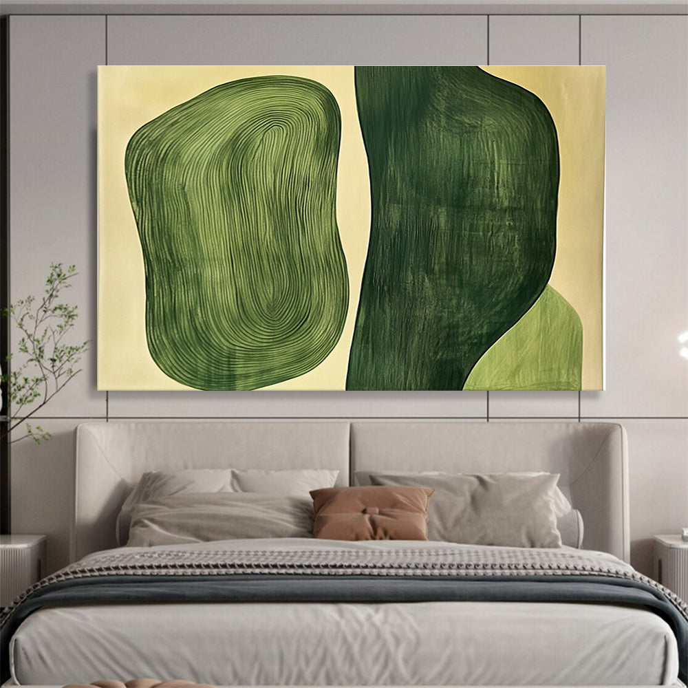 Large abstract painting featuring two organic green shapes, one flat and the other with raised wood grain texture.SC204