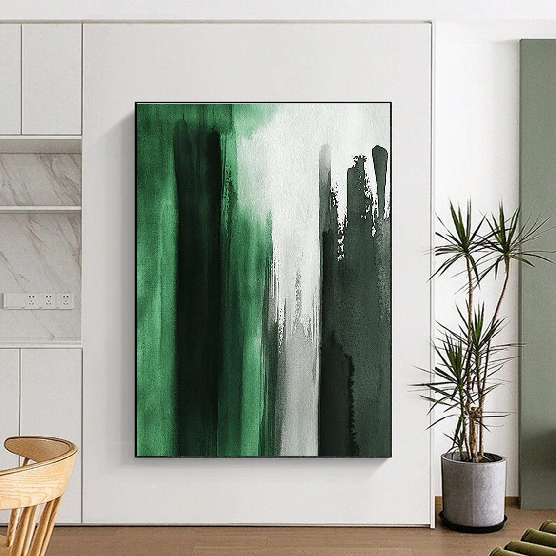 Green Black and White Abstract Painting with Watercolor Wash GER424