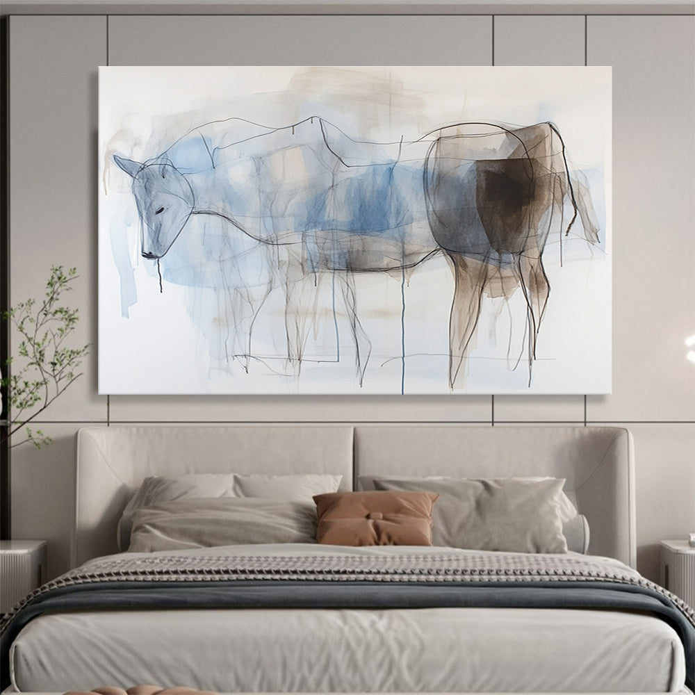 Line Drawing Horse Abstract Painting with Blue and Brown DYP329