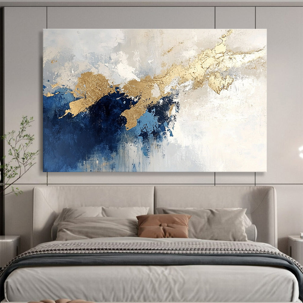 Blue and Gold Dripping Abstract Painting with Textured Layers DYP184