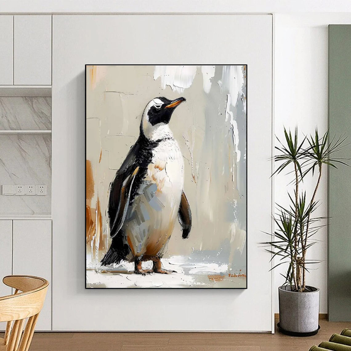 Textured Penguin Portrait Abstract Painting with Neutral Background ADGE496