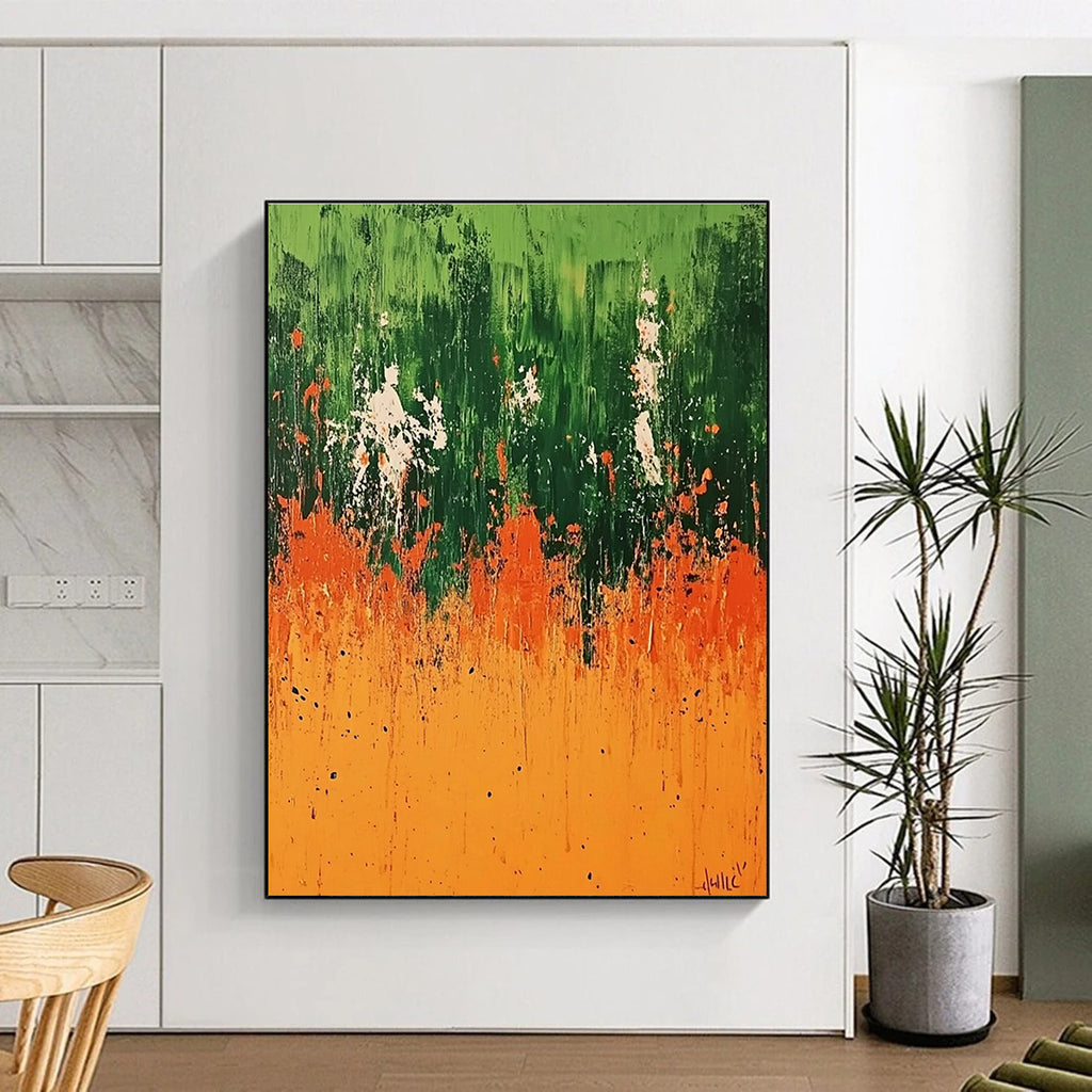 Green Orange Abstract Painting with Dripping Effects GER491