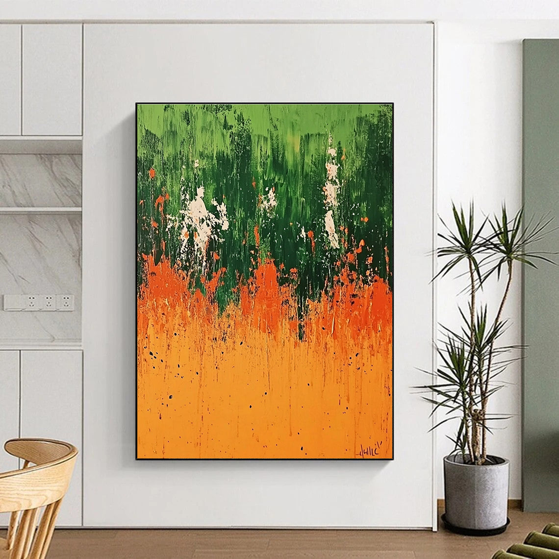 Green Orange Abstract Painting with Dripping Effects GER491