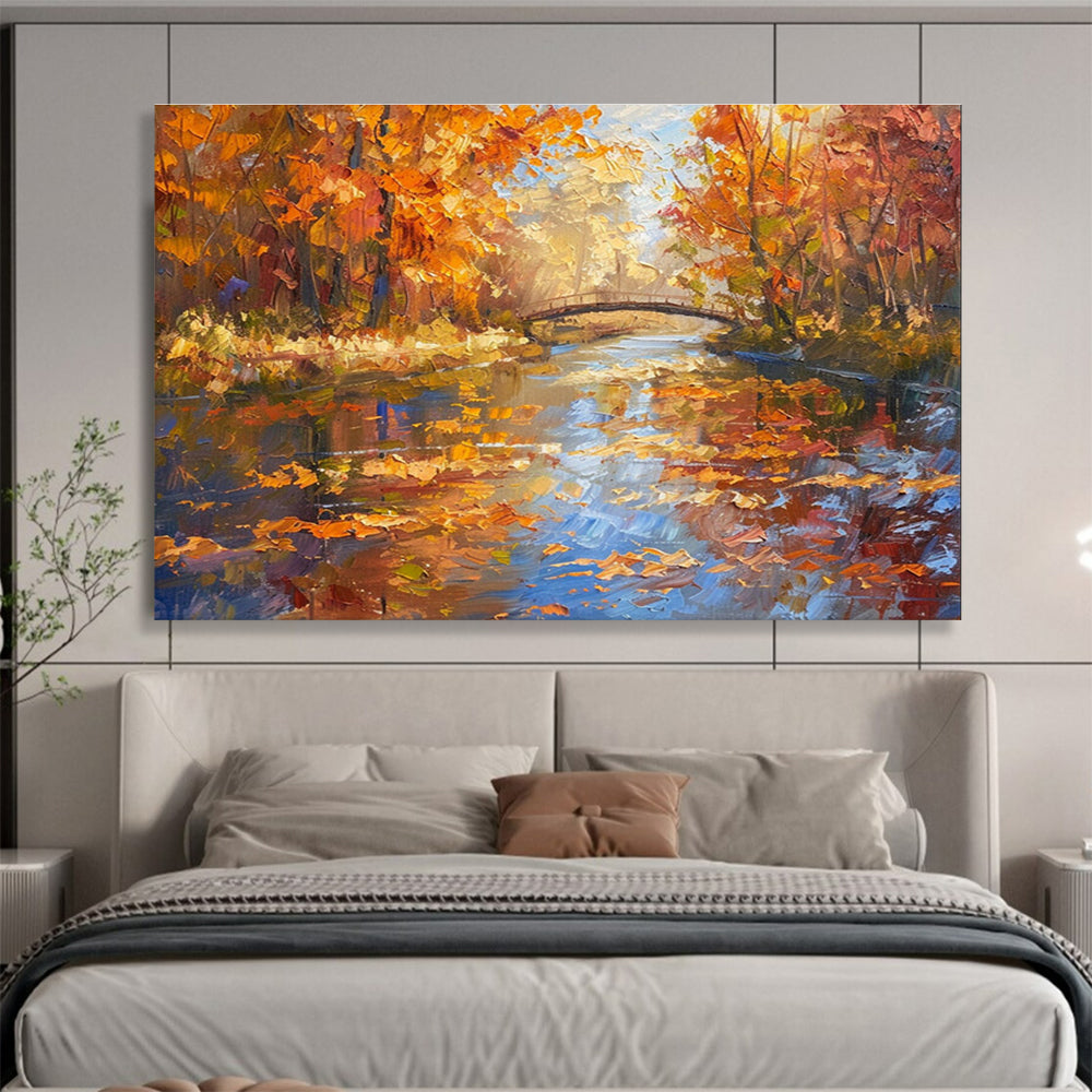 Autumn Forest River Abstract Painting with Orange, Yellow, and Blue Tones THY196