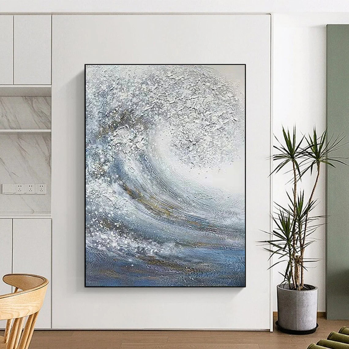 Silver and Blue Wave Abstract Painting with Sparkling Textures ADGE337