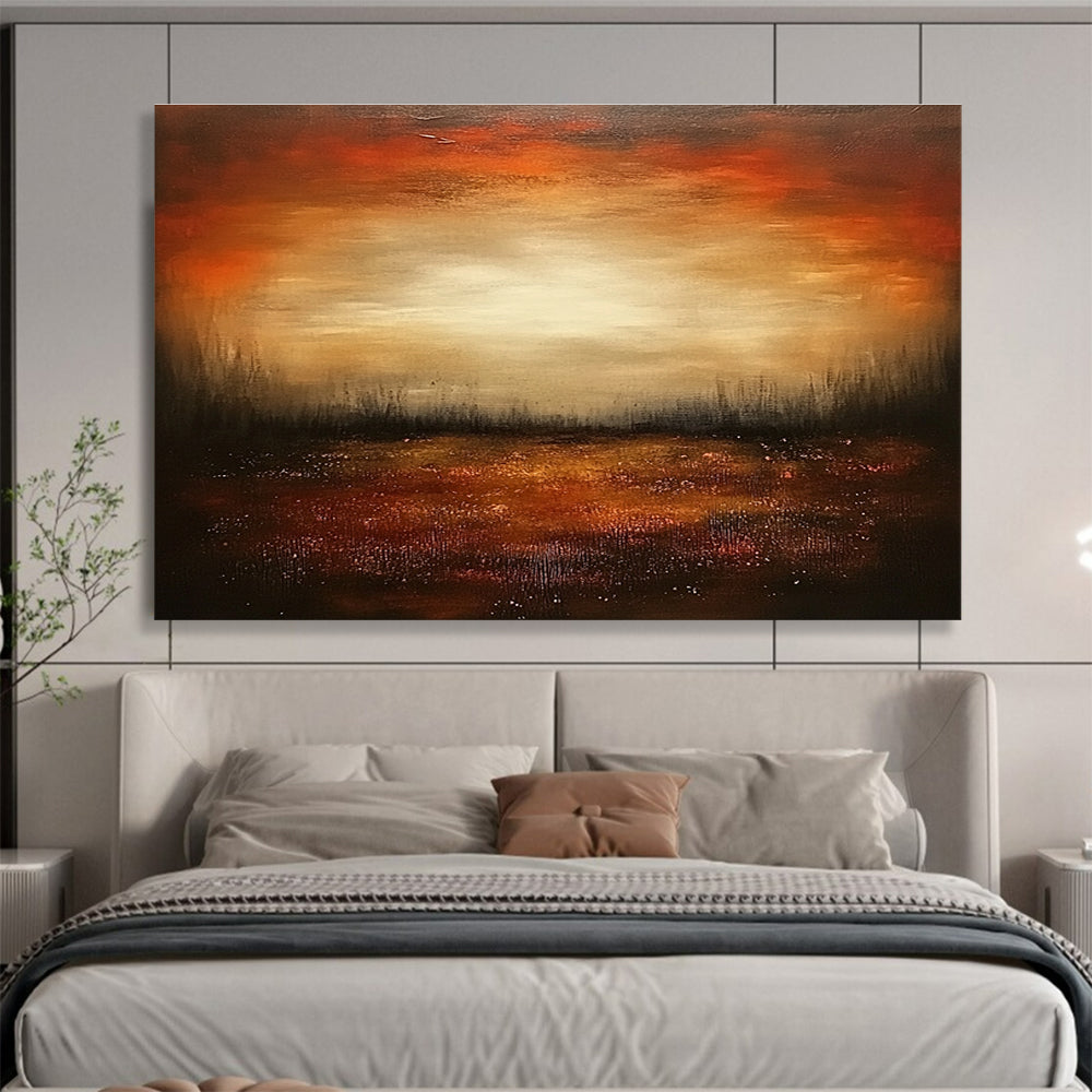 Dark Sunset Field Abstract Painting with Warm Oranges and Browns DYP246