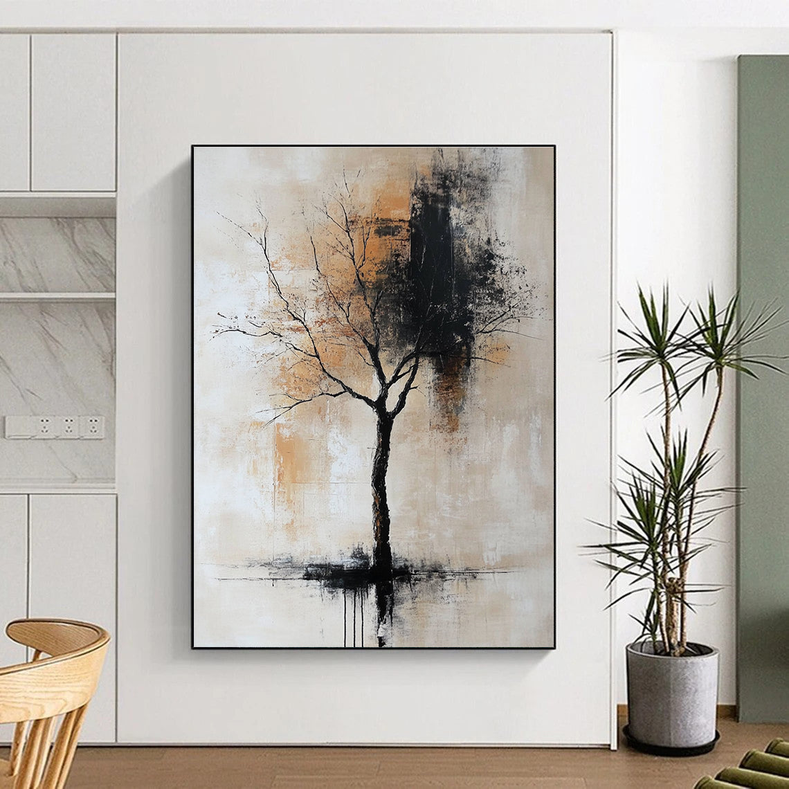 Large abstract painting in neutral gray beige and black hues reminiscent of vintage oil art. Perfect for contemporary decor.STSC837