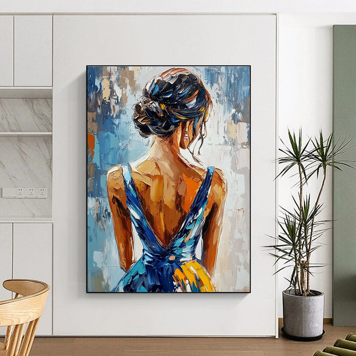 An abstract painting featuring an elegant woman in a blue and yellow dress seen from behind with vibrant impasto brushstrokes.STSC863
