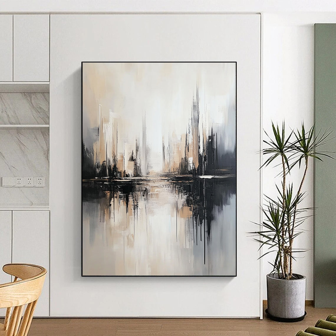 Large abstract artwork on canvas featuring neutral gray and light brown tones with a striking black and white cityscape backdrop.STSC1352