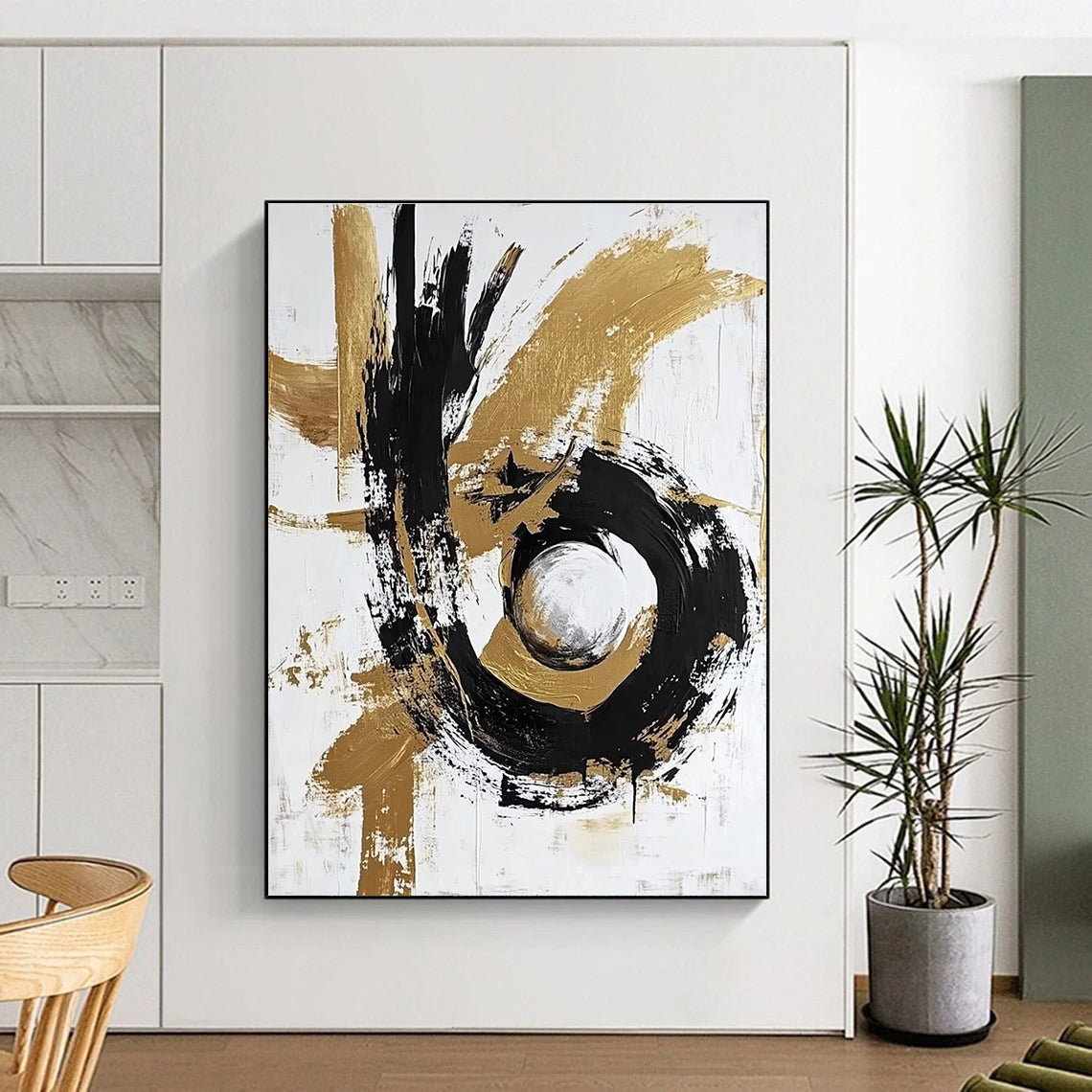 Gold and Black Abstract Painting with Circular Motifs GER655
