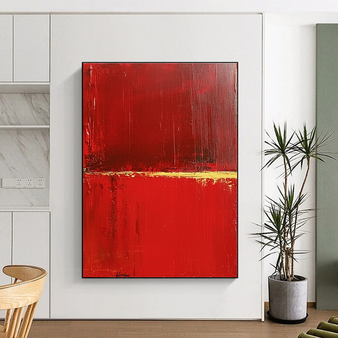 Large abstract painting featuring a red background with a central yellow line evoking lightness and depth in a minimalist style.STSC459