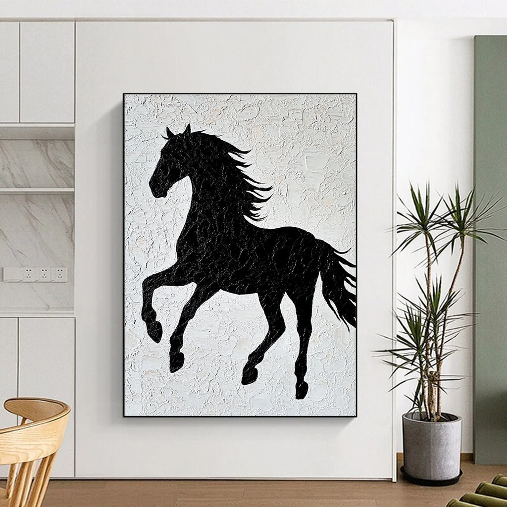 A large abstract artwork featuring a black horse silhouette on textured white paper with elegant lines and a minimalist design capturing graceful movement.STSC917