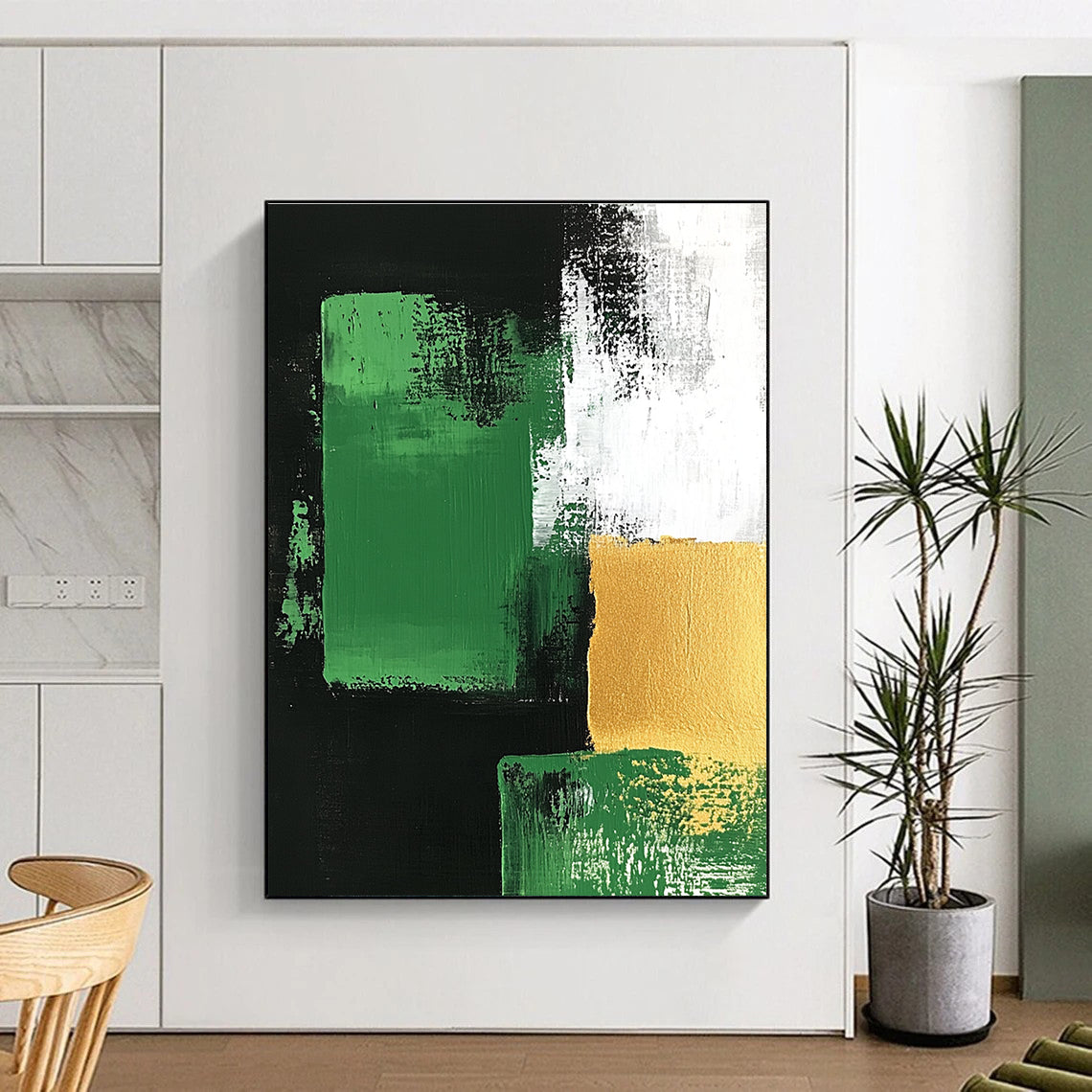 Green Gold and Black Abstract Painting with Bold Geometry GER678