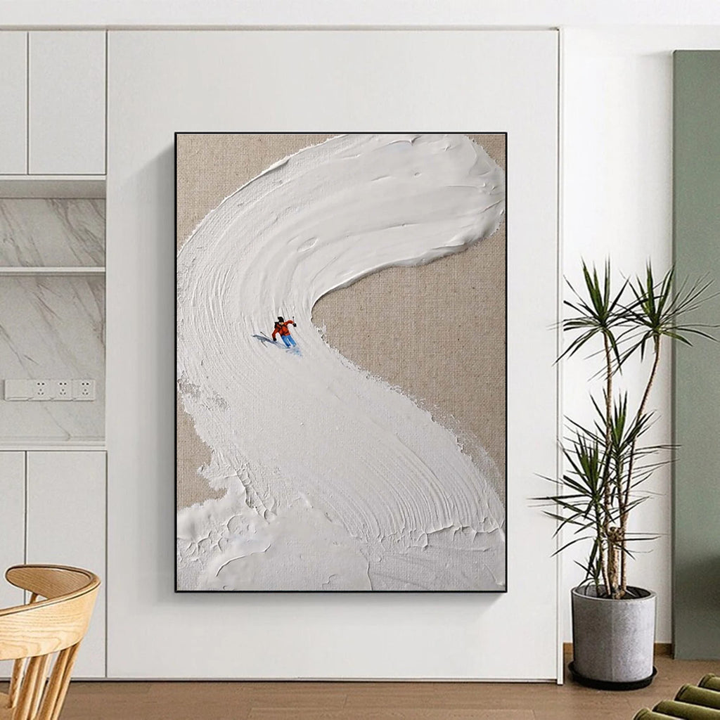 White Textured Ski Slope Abstract Painting with Red Accents ADGE311