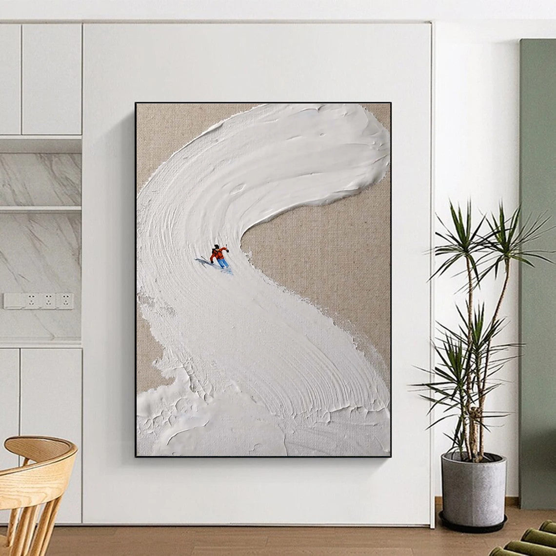 White Textured Ski Slope Abstract Painting with Red Accents ADGE311