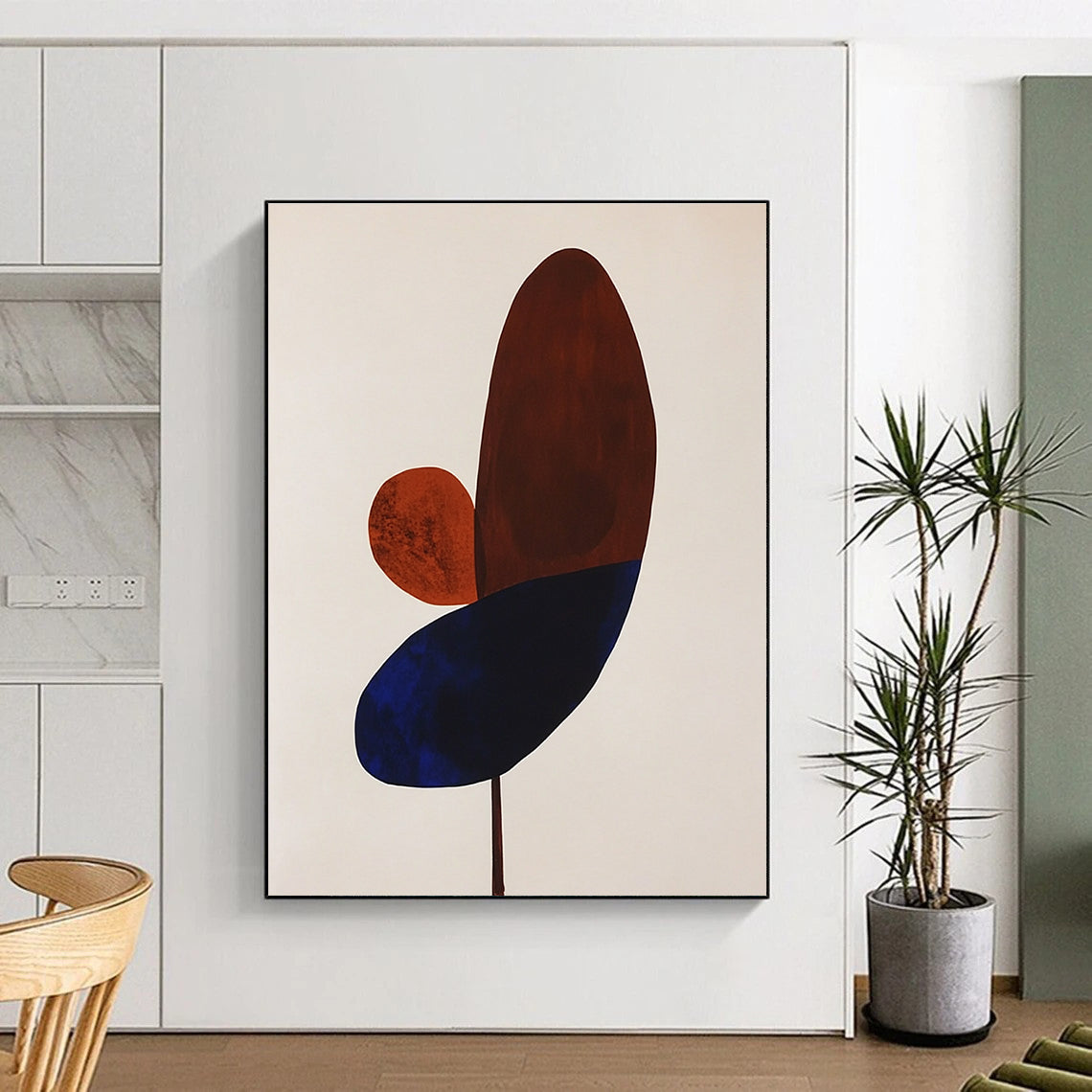 Large abstract painting featuring simple brown and blue petals on a white background perfect for modern decor.STSC1059