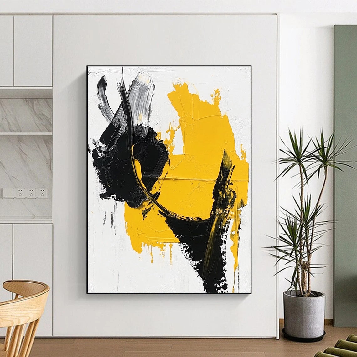 Yellow Black White Abstract Painting with Bold Shapes GER742