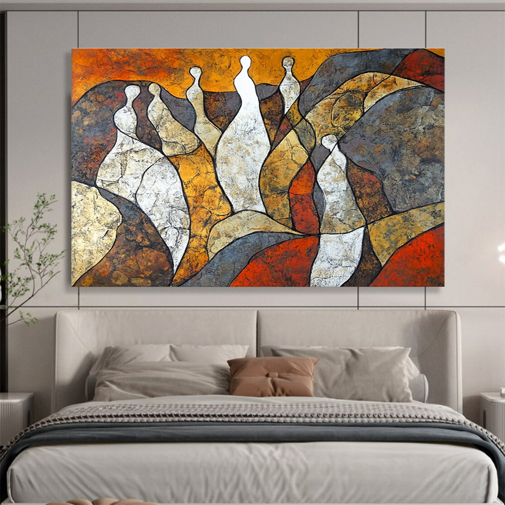 Abstract painting featuring women's bodies as rocks in earthy tones with a lone woman in white symbolizing resilience and growth amidst challenges.SC521