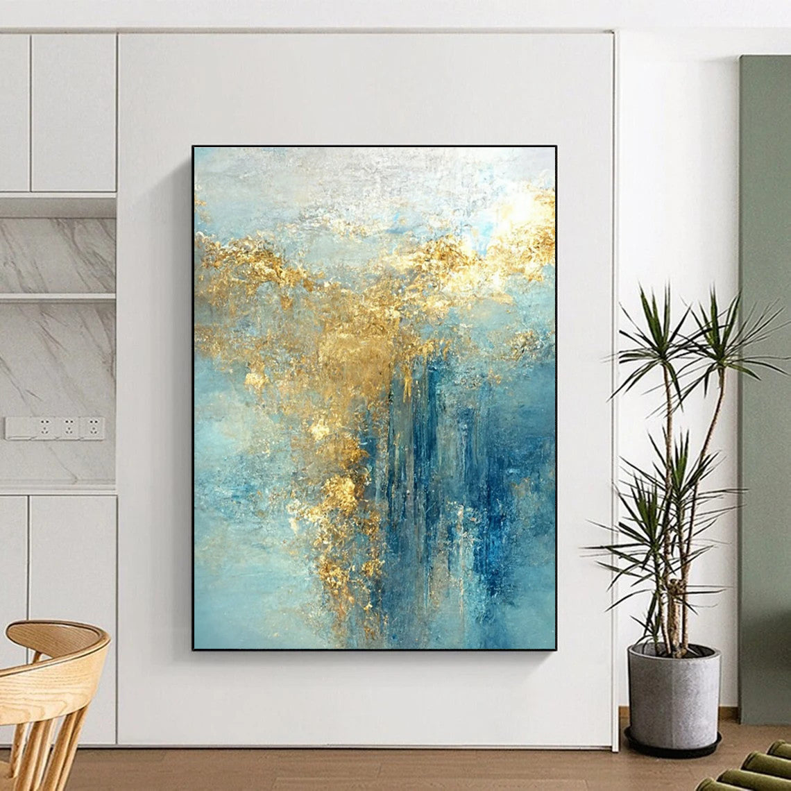 Light Blue Abstract Painting with Cascading Gold Accents ADGE063