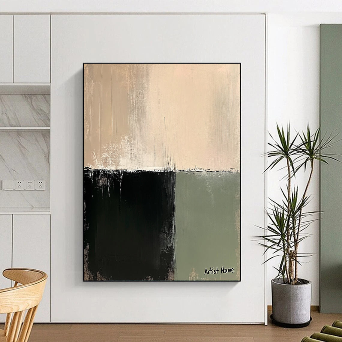 Large abstract painting in sage green and beige with soft brushstrokes creating a tranquil minimalist composition on linen.STSC1071