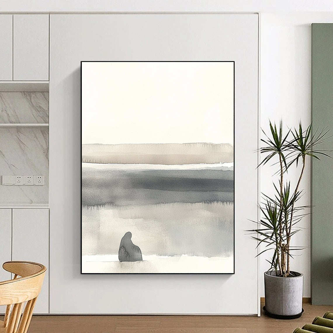 Large abstract painting in soft whites and grays featuring minimalistic landscape with organic shapes and muted tones for a serene atmosphere.STSC1465