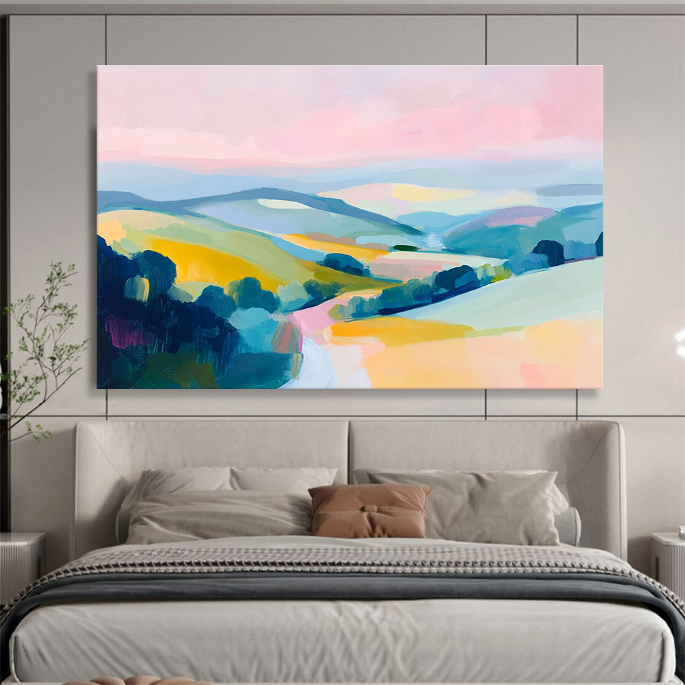 Colorful Abstract Hills Painting with Pink Blue and Yellow DYP288