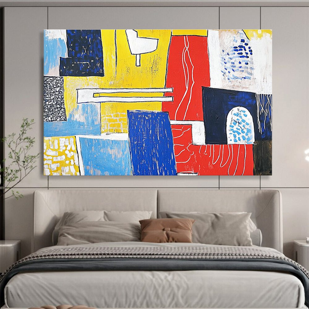 A large abstract painting featuring bold reds and yellows with white lines on blue shapes, capturing urban life and modernist aesthetics.SC516